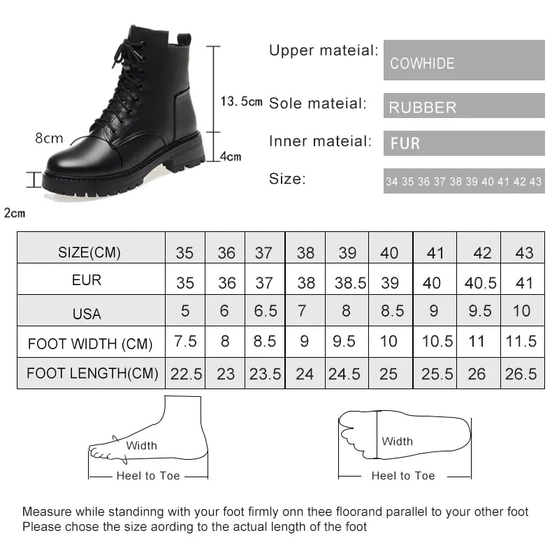 Women's Genuine Leather Winter Boots with Wool Lining size chart