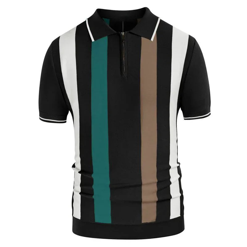 Men's Crochet Polo Shirt with Stripes black