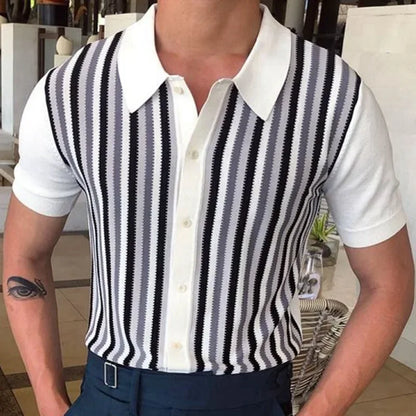 Men's Crochet Polo Shirt with Stripes white