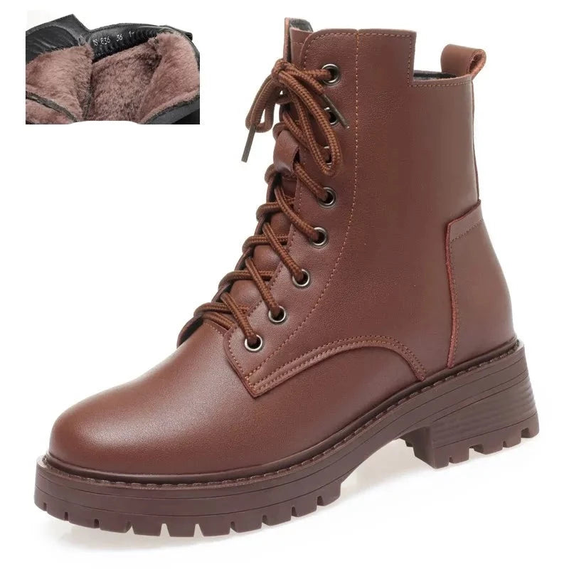 Women's Genuine Leather Winter Boots with Wool Lining brown