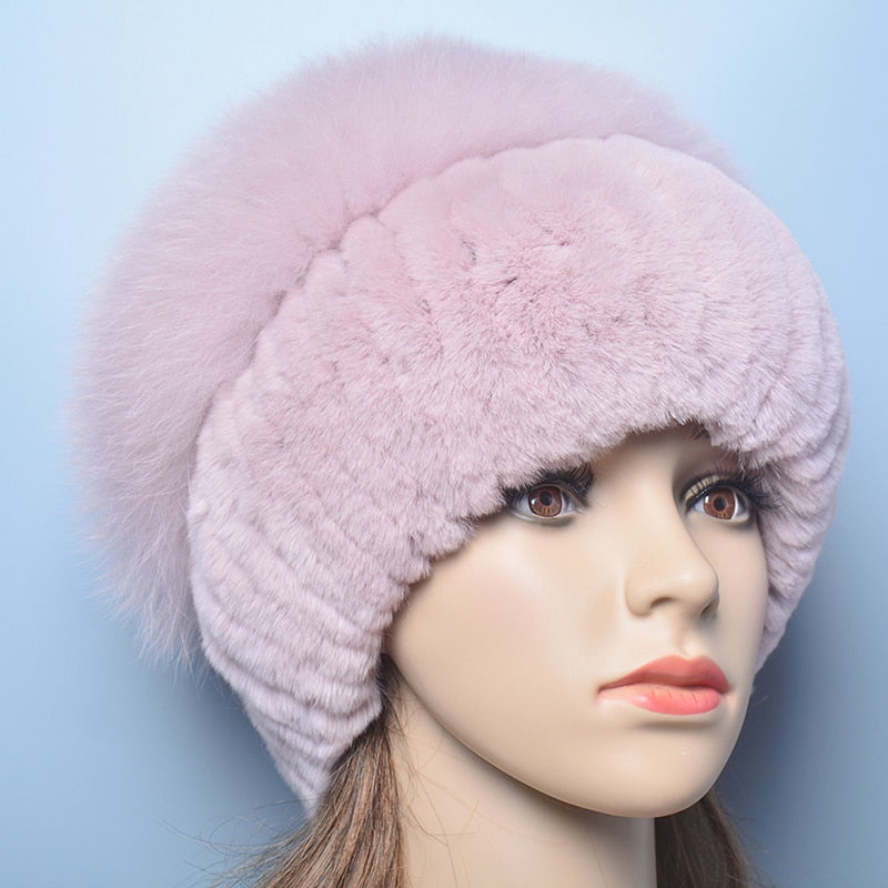 Women's Thick Rabbit Fur Winter Hat & Snow Cap pink