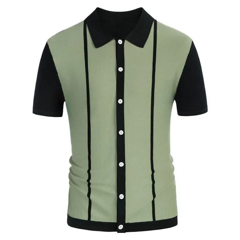 Men's Crochet Polo Shirt with Stripes green and black