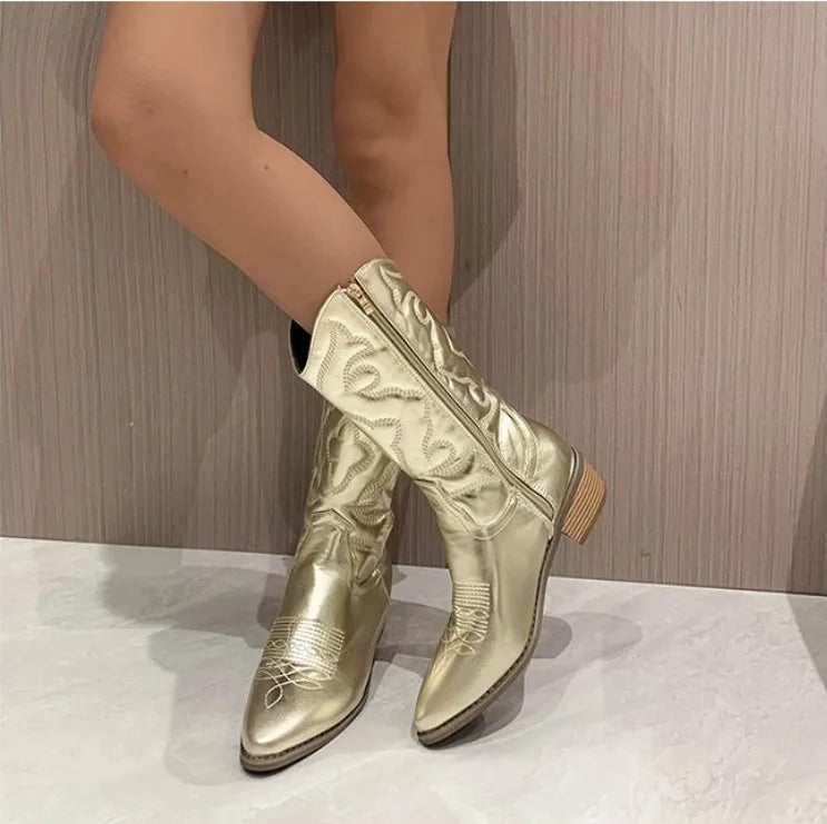 Shiny Women's Cowboy Boots gold