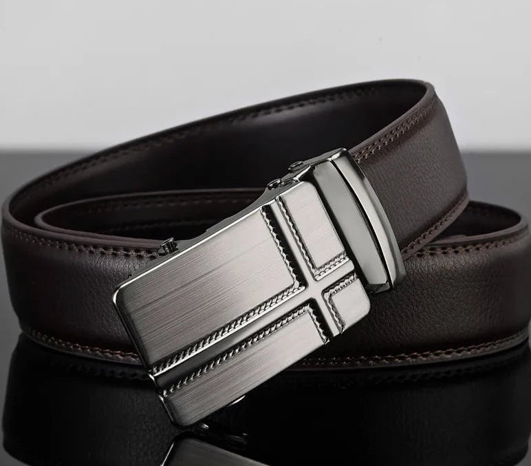 Men's Black Leather Belt with Automatic Buckle brown