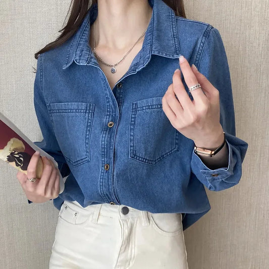 Women's Blue Long-Sleeve Loose Fit Chambray Shirt