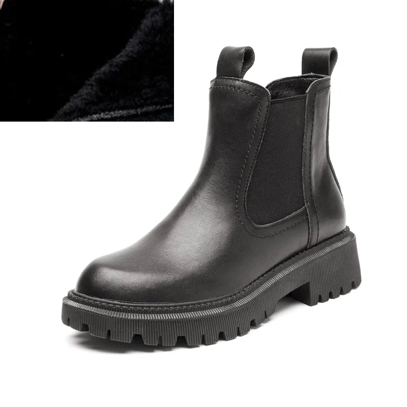 Women's Genuine Leather Ankle Boots black with the picture of fur