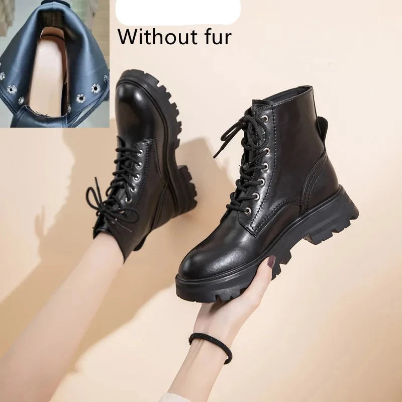 Women's Genuine Leather Laced Biker Boots black no fur