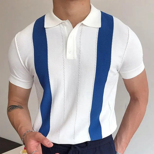 Men's Crochet Polo Shirt with Stripes white