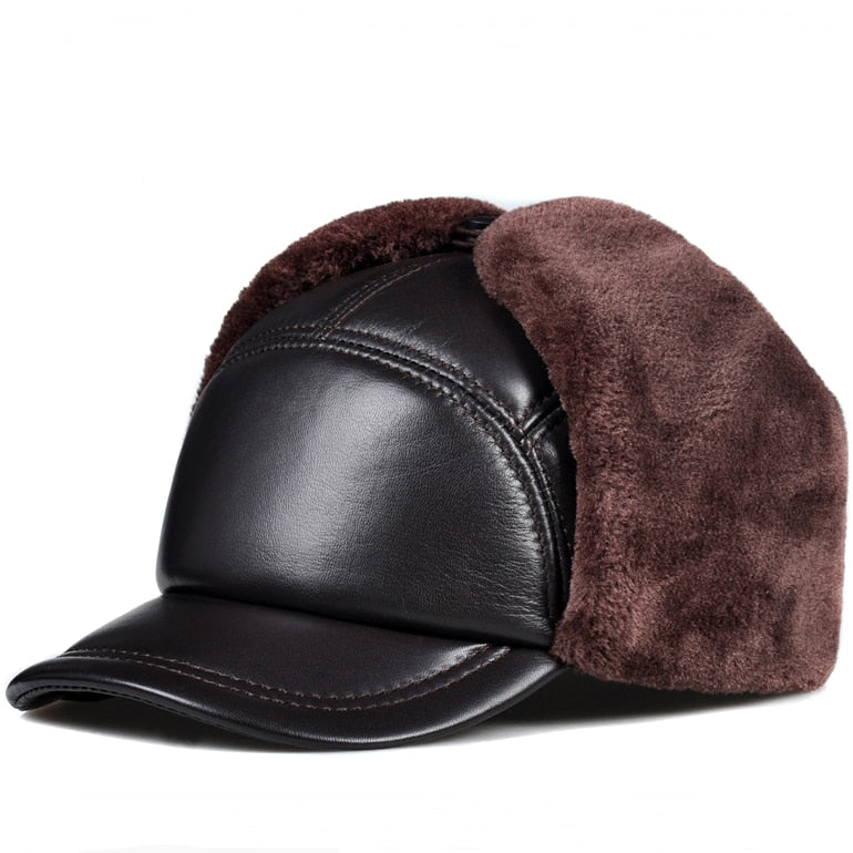 Winter Faux Leather Baseball Cap with Ear Warmers front view brown ears up