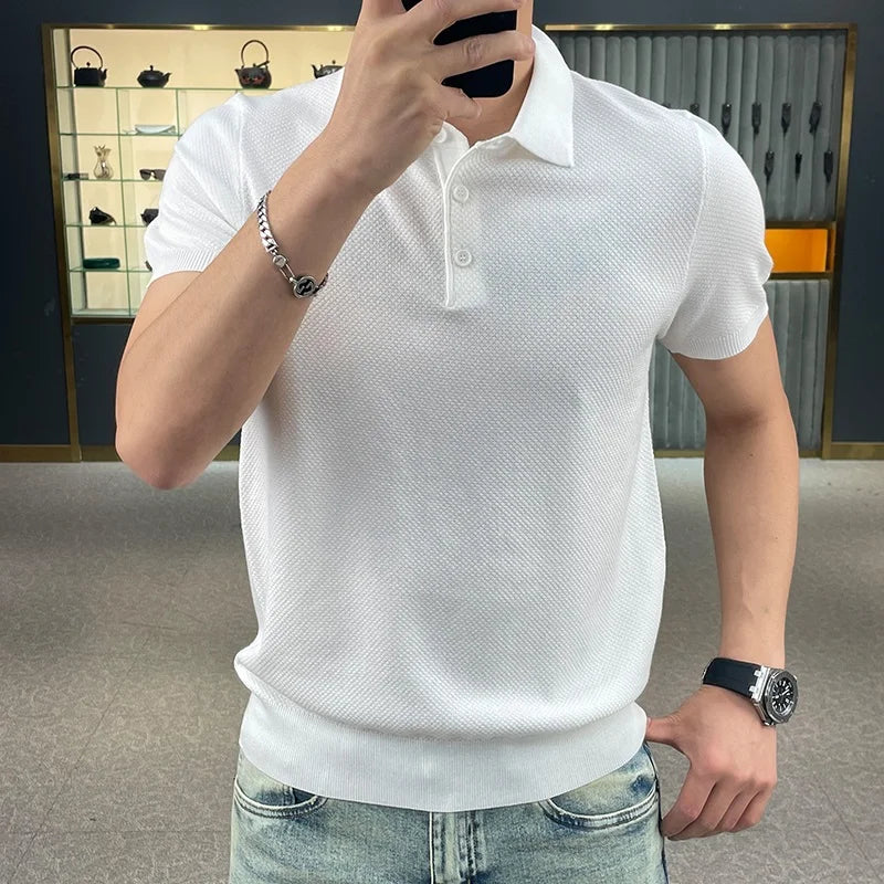 Men's Knitted Casual Polo Shirt white