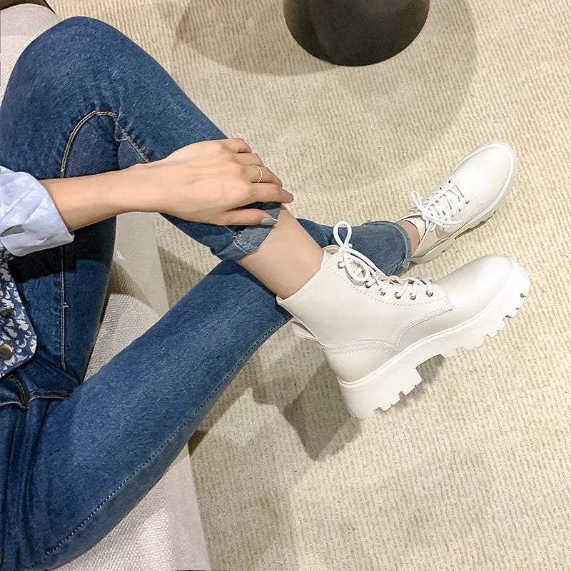 Women's Genuine Leather Laced Biker Boots white