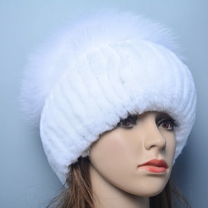 Women's Thick Rabbit Fur Winter Hat & Snow Cap white