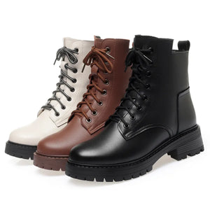 Women's Genuine Leather Winter Boots with Wool Lining brown white and black