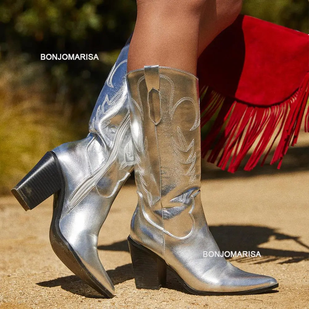 Shiny Women's Cowboy Boots silver