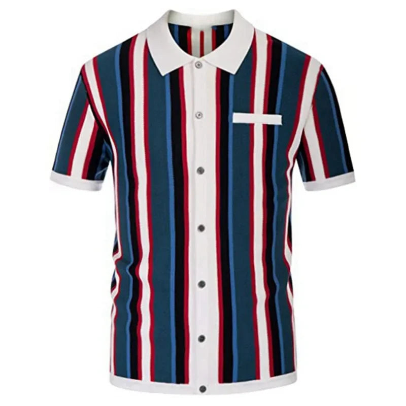 Men's Crochet Polo Shirt with Stripes stripes with white