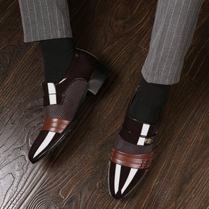 Leather Men's Slip on Dress Shoes auburn top view with dress pants
