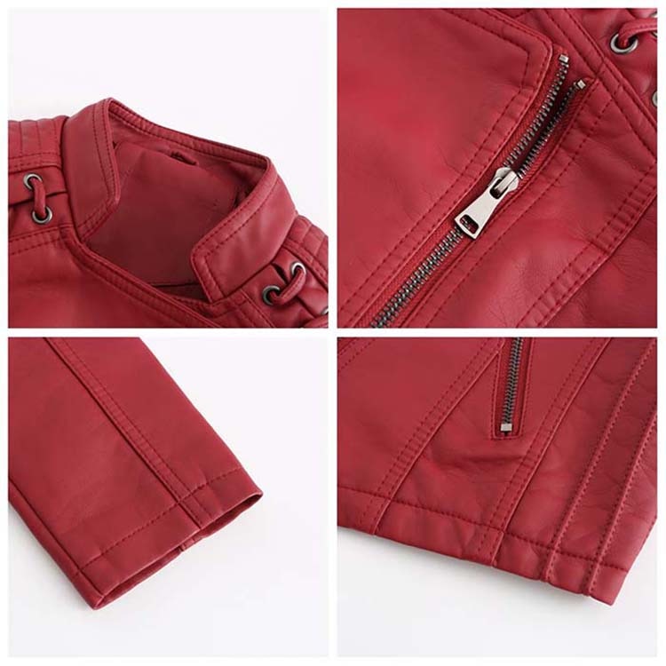 Women's Faux Leather Biker Jacket features in red there are 4 squares