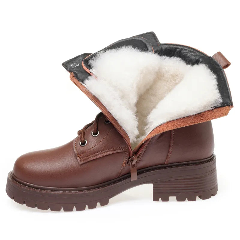 Women's Genuine Leather Winter Boots with Wool Lining brown