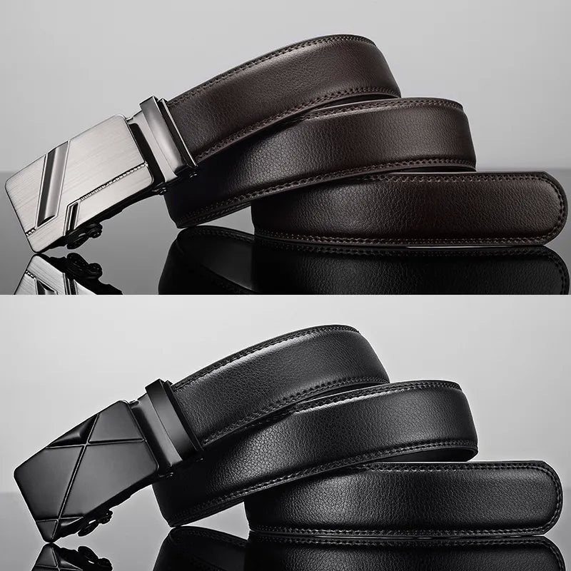 Men's Black Leather Belt with Automatic Buckle black and brown