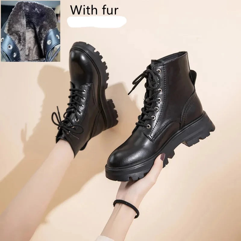 Women's Genuine Leather Laced Biker Boots black with fur