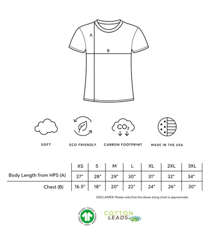 T-shirt size chart with measurements and sustainability icons on a white background