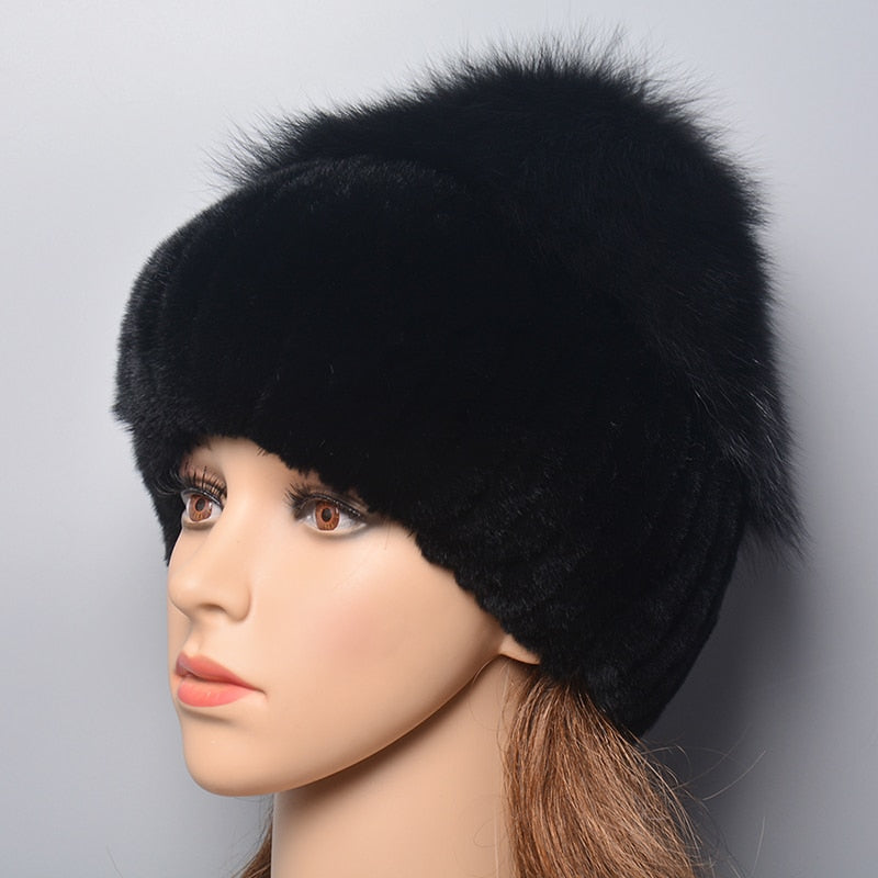 Women's Thick Rabbit Fur Winter Hat & Snow Cap black