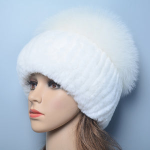 Women's Thick Rabbit Fur Winter Hat & Snow Cap white