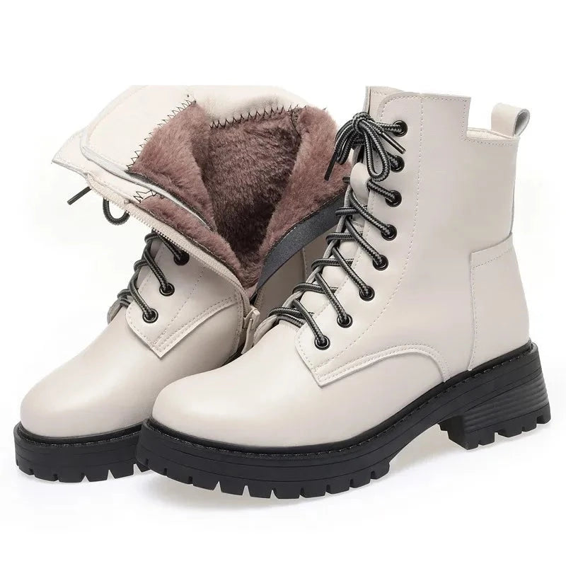 Women's Genuine Leather Winter Boots with Wool Lining white