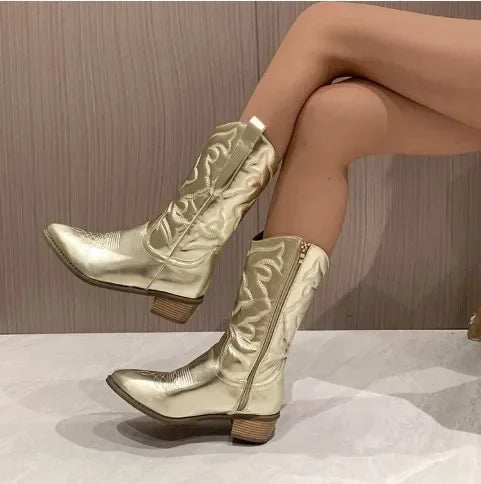 Shiny Women's Cowboy Boots gold