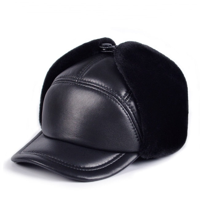 Winter Faux Leather Baseball Cap with Ear Warmers front view black ears up