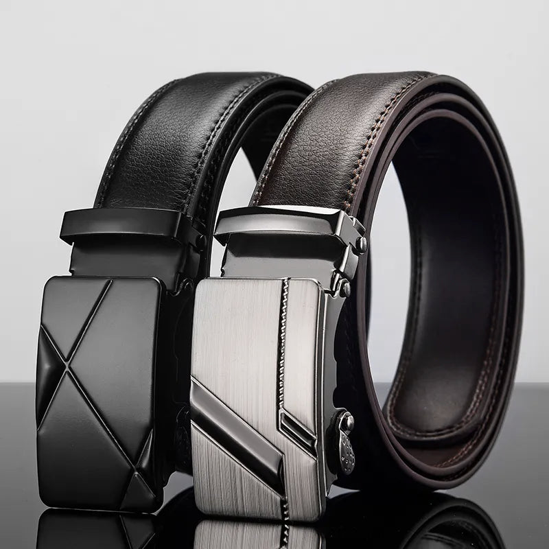Men's Black Leather Belt with Automatic Buckle black and brown
