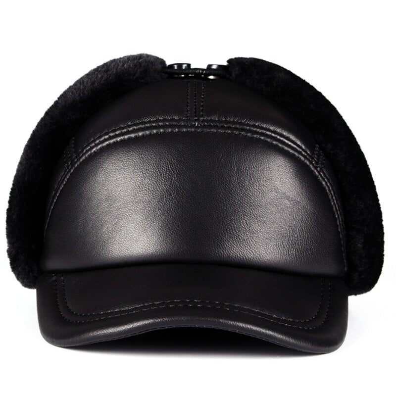 Winter Faux Leather Baseball Cap with Ear Warmers black front ears up