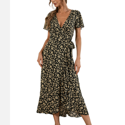 Women's Floral Maxi Dress With Cap Sleeves