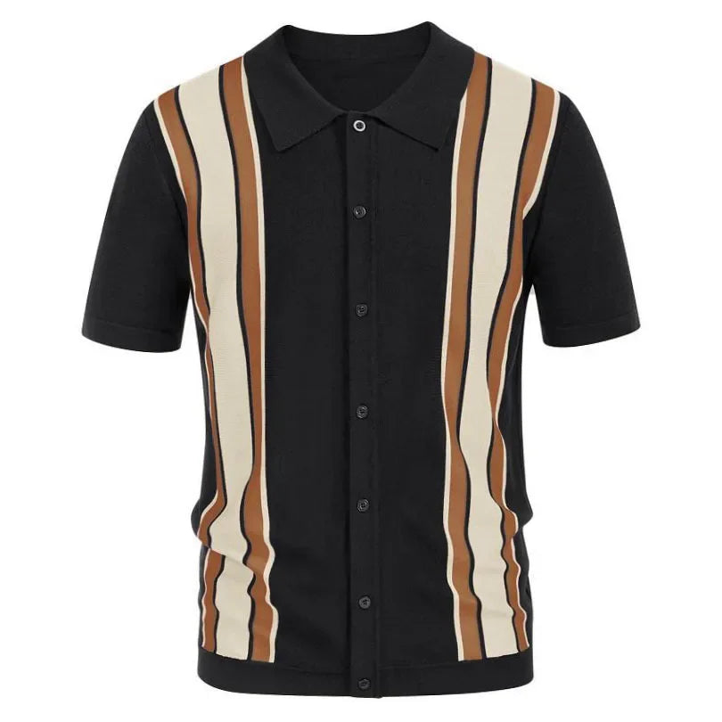 Men's Crochet Polo Shirt with Stripes black