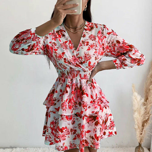 Floral Printed Pleated A-Line Dress XL / Red Floral Printed Pleated A-Line Dress XL / Red