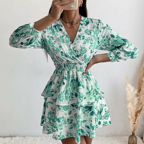 strapless open back dress Floral Printed Pleated A-Line Dress S / Green