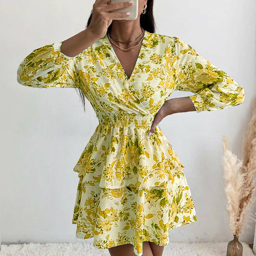 Women's woven print fashion v neck pleated long sleeve dress - yellow, xl Women's woven print fashion v neck pleated long sleeve dress - yellow, xl