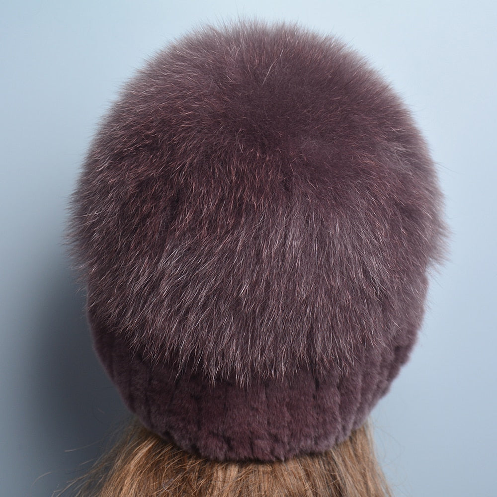Women's Thick Rabbit Fur Winter Hat & Snow Cap top of hat purple