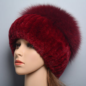 Women's Thick Rabbit Fur Winter Hat & Snow Cap bright red