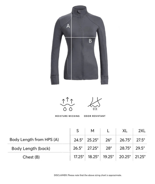 Women's Grey Full Zip Light Jacket size chart