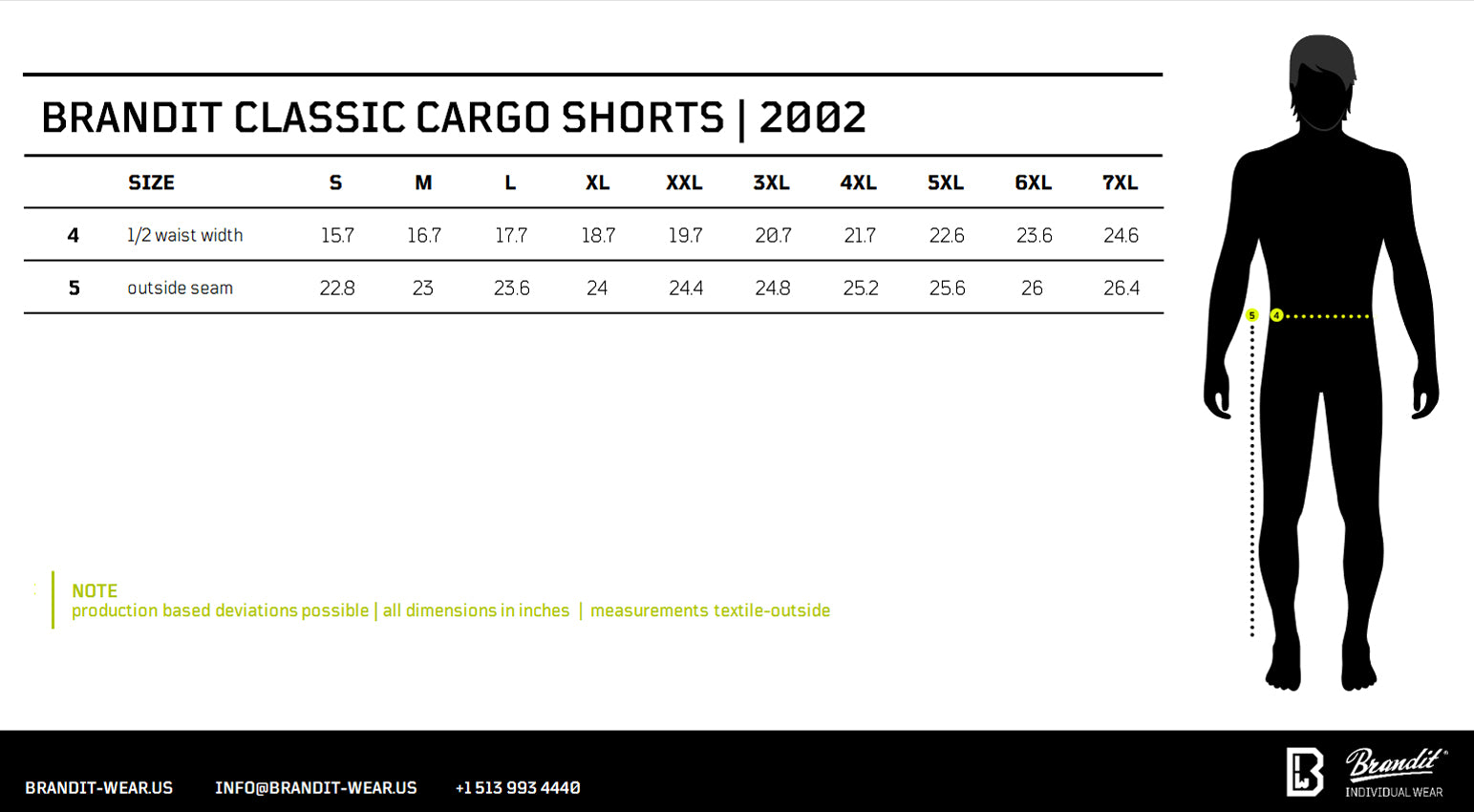 Size chart and measurement guide for Brandit Classic Cargo Shorts from 2002, showing a size table from S to 7XL with waist and outside seam measurements, alongside a black silhouette of a person with a yellow measurement line.