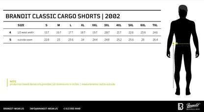 Size chart and measurement guide for Brandit Classic Cargo Shorts from 2002, showing a size table from S to 7XL with waist and outside seam measurements, alongside a black silhouette of a person with a yellow measurement line.