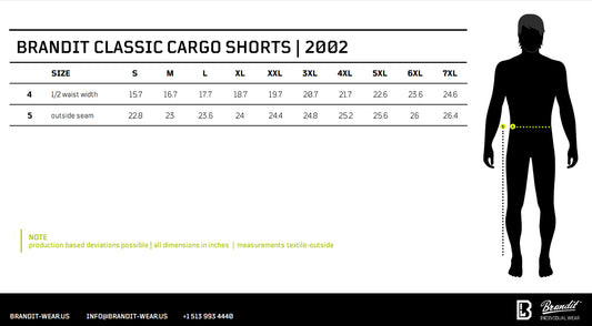 Size chart and measurement guide for Brandit Classic Cargo Shorts from 2002, showing a size table from S to 7XL with waist and outside seam measurements, alongside a black silhouette of a person with a yellow measurement line.