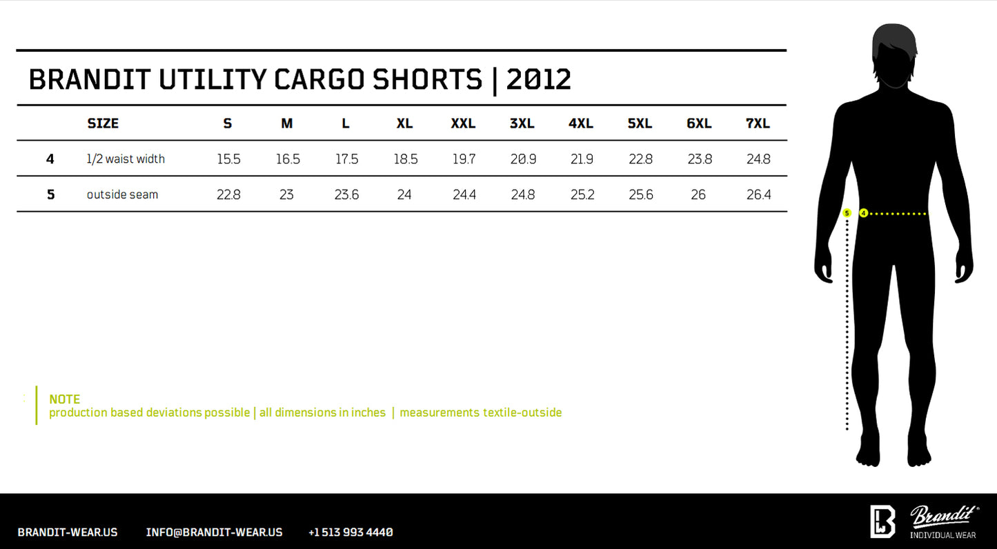 Size chart and sizing guide for Brandit Utility Cargo Shorts from 2012, showing a size table from S to 7XL with measurements, alongside a black silhouette body diagram with a yellow measurement line.