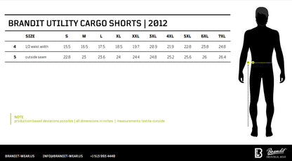 Size chart and sizing guide for Brandit Utility Cargo Shorts from 2012, showing a size table from S to 7XL with measurements, alongside a black silhouette body diagram with a yellow measurement line.
