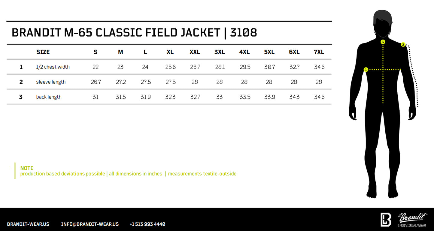 A size measurement chart for the Brandit M-65 Classic Field Jacket, showing a size table from S to 7XL with chest width, sleeve length, and back length in inches, alongside a black human silhouette with yellow measurement markers and the Brandit logo.