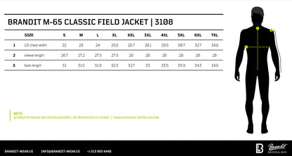 A size measurement chart for the Brandit M-65 Classic Field Jacket, showing a size table from S to 7XL with chest width, sleeve length, and back length in inches, alongside a black human silhouette with yellow measurement markers and the Brandit logo.