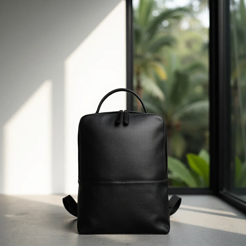 Black leather slim backpack standing upright with top handle and front seam detail