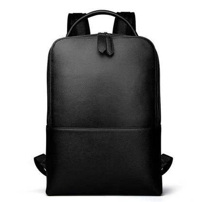 Slim black leather backpack with top handle and front zip pocket