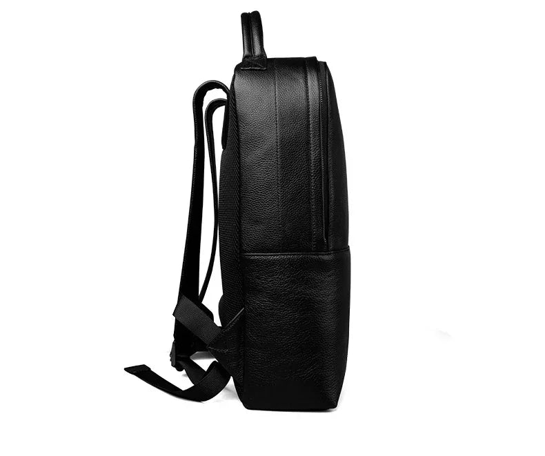 Black leather slim backpack shown from the side with shoulder strap and side seam